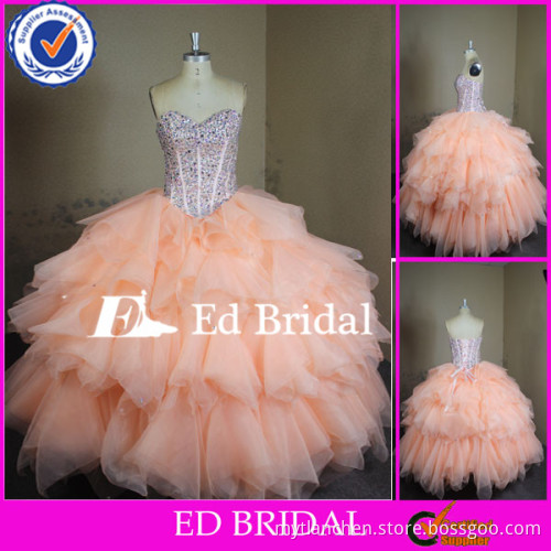 F215 Real Sample Stunning Beaded Corset Big Ball Gown Peach Quinceanera Dresses
